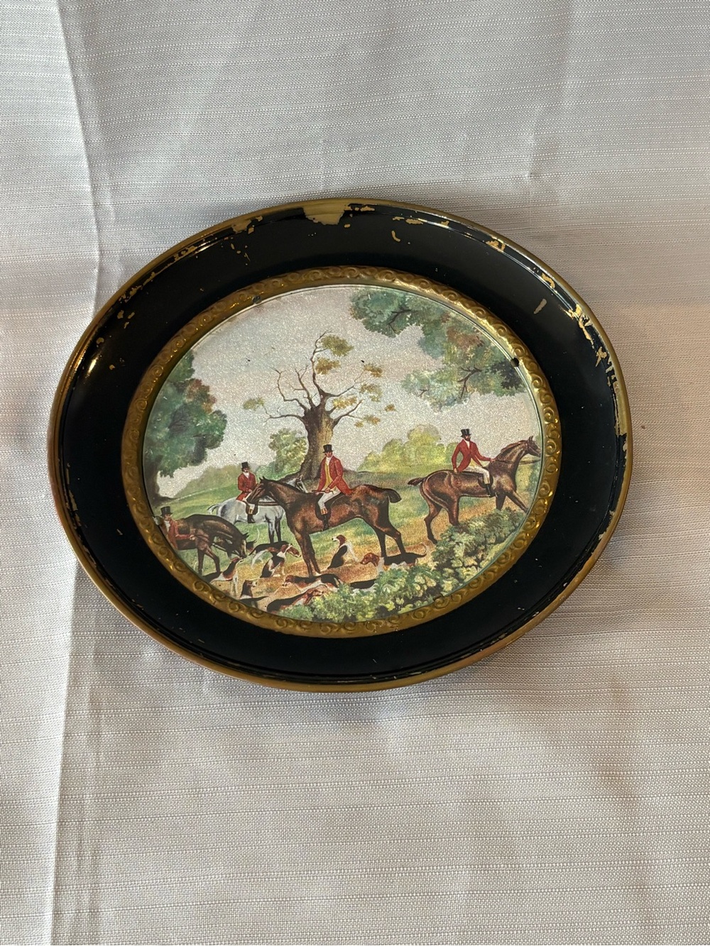 Vintage Black and Gold Hunting Scene Decorative Plate